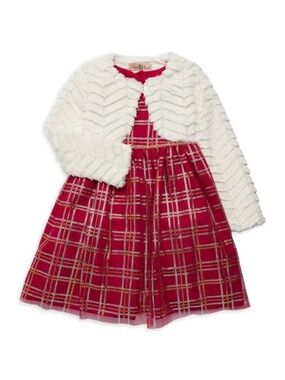 Purple Rose Plaid Dress Faux Fur Jacket Set Girls 12M Christmas Outfit